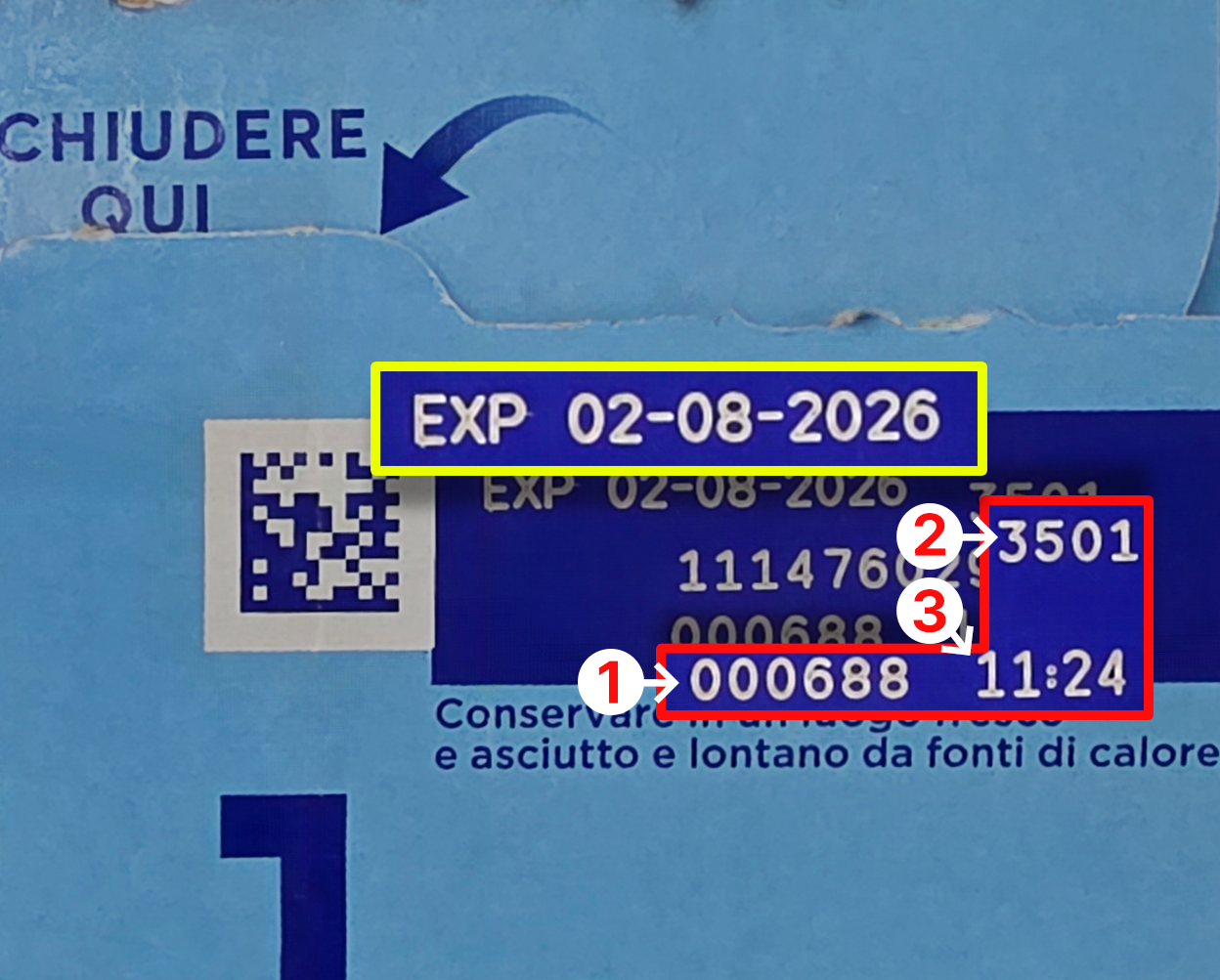 탭스 제품 기재 예시 (노란색: EXP/Best Before, 빨간색: 캔별 고유번호)